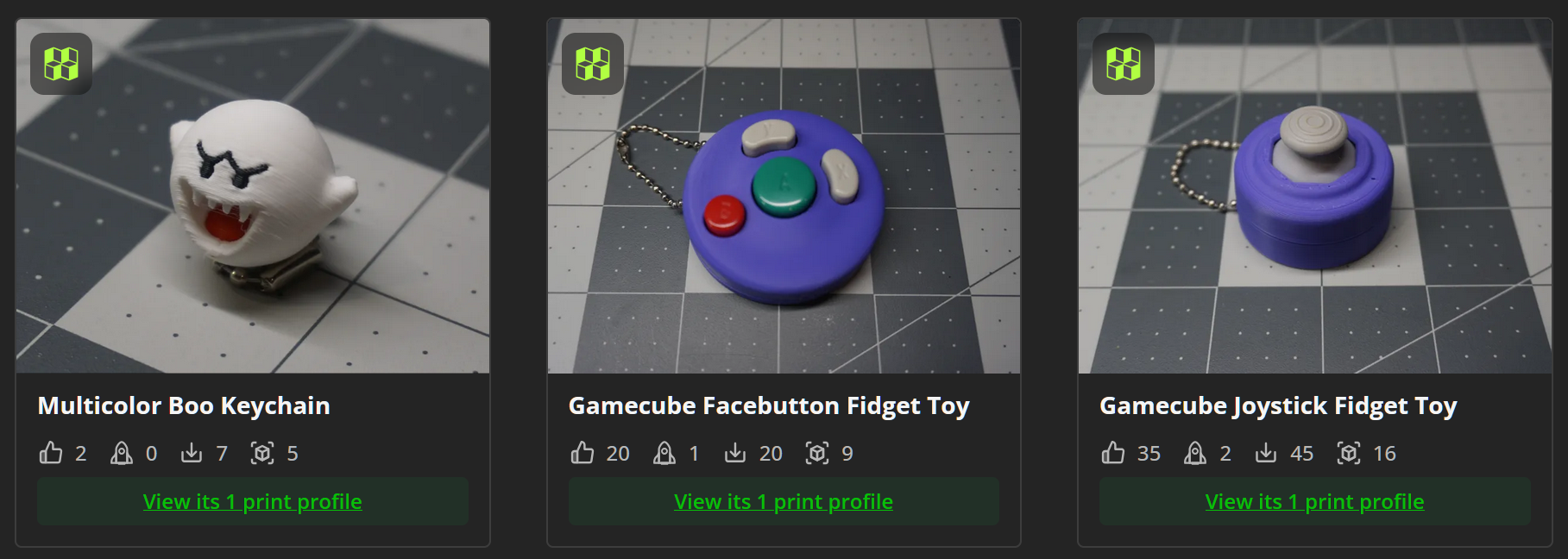 Joystick and facebutton fidget prizes and 3D-printed Boo keychains