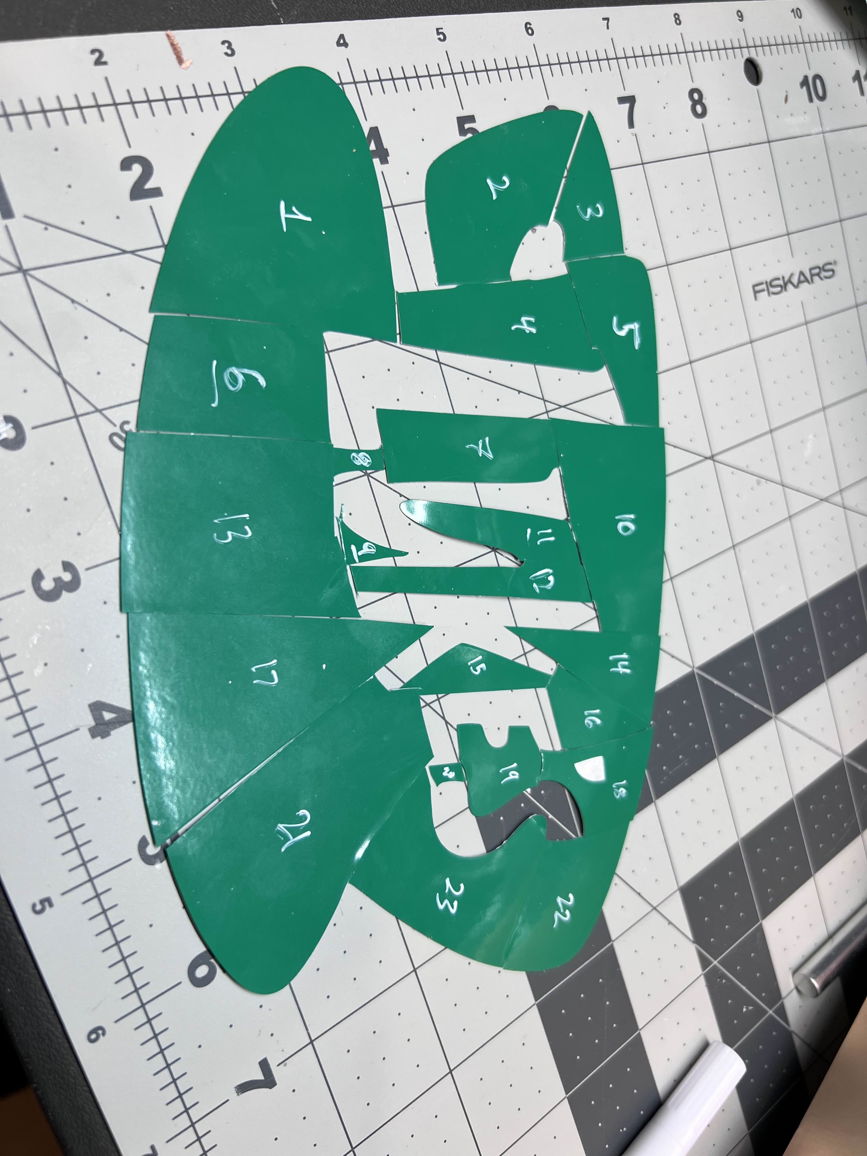 Vinyl stencil layout on green glass
